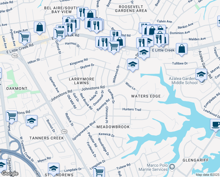 map of restaurants, bars, coffee shops, grocery stores, and more near 7053 Gardner Drive in Norfolk