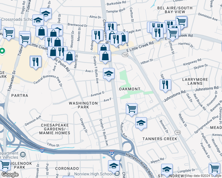 map of restaurants, bars, coffee shops, grocery stores, and more near 7405 Chesapeake Boulevard in Norfolk