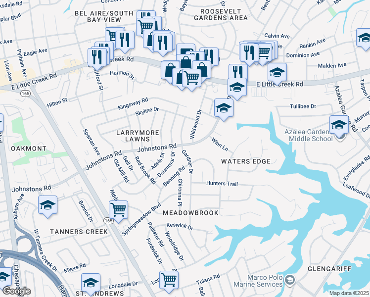 map of restaurants, bars, coffee shops, grocery stores, and more near 7053 Gardner Drive in Norfolk