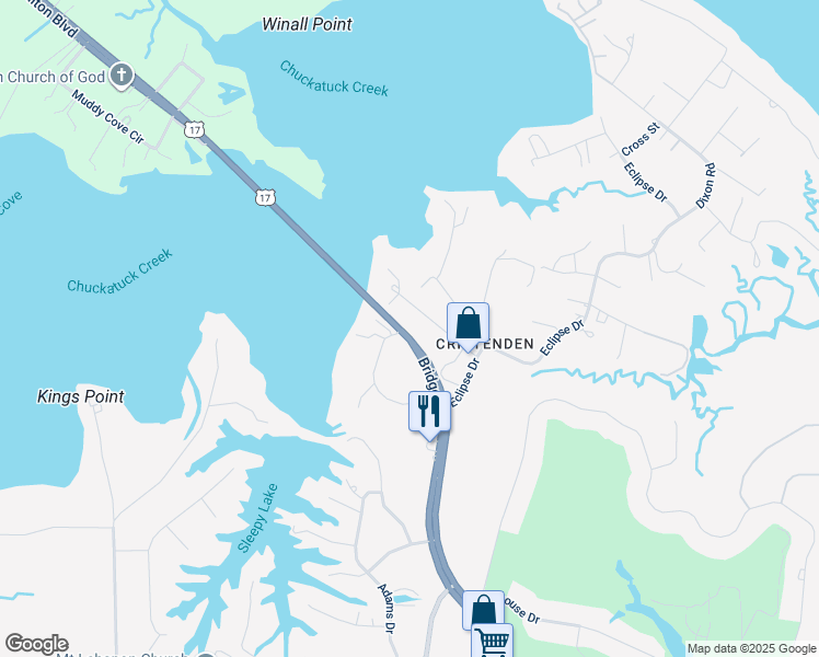 map of restaurants, bars, coffee shops, grocery stores, and more near 1589 Steeple Drive in Suffolk