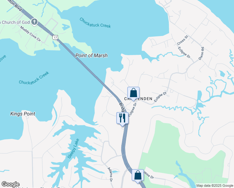 map of restaurants, bars, coffee shops, grocery stores, and more near 1448 Bridge Road in Suffolk