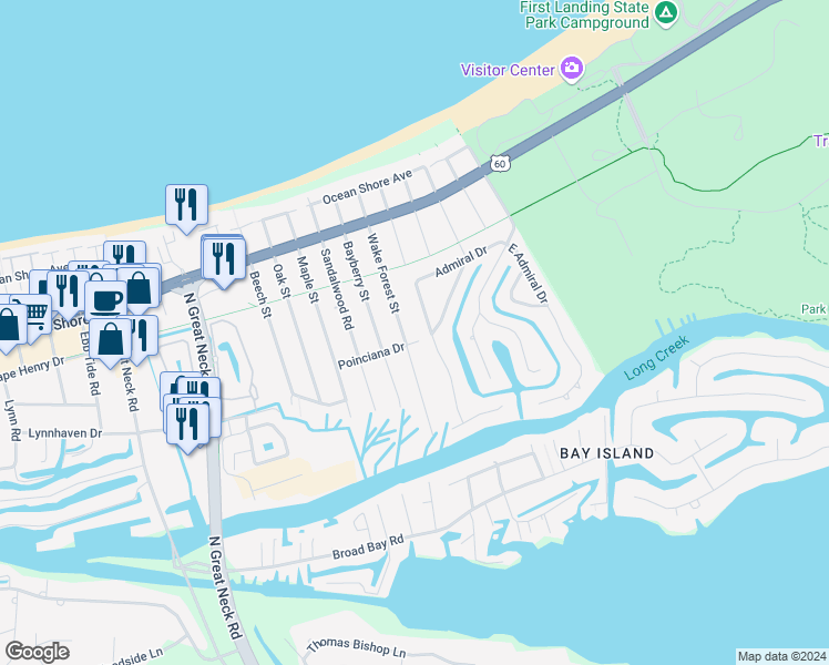 map of restaurants, bars, coffee shops, grocery stores, and more near 2604 Poinciana Drive in Virginia Beach