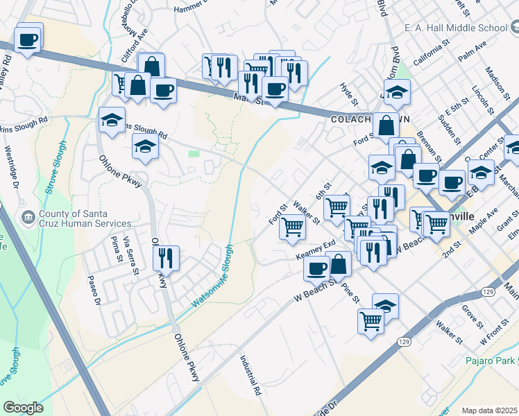 map of restaurants, bars, coffee shops, grocery stores, and more near 825 Walker Street in Watsonville