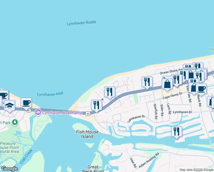 map of restaurants, bars, coffee shops, grocery stores, and more near 2398 Bays Edge Avenue in Virginia Beach