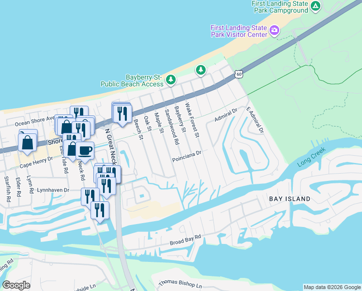map of restaurants, bars, coffee shops, grocery stores, and more near 2208 Sandalwood Road in Virginia Beach