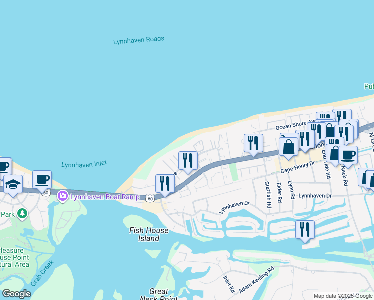 map of restaurants, bars, coffee shops, grocery stores, and more near 2398 Bays Edge Avenue in Virginia Beach