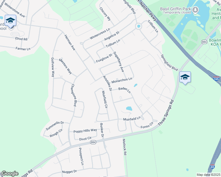 map of restaurants, bars, coffee shops, grocery stores, and more near Aristides Drive in Bowling Green