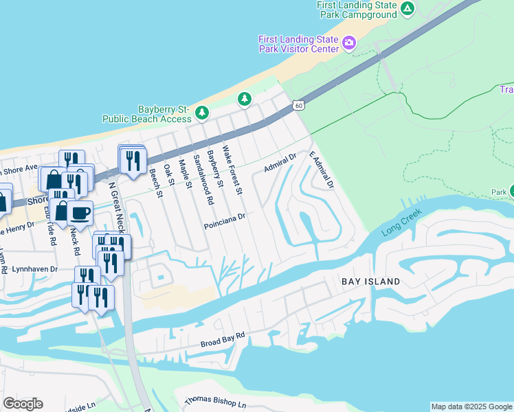 map of restaurants, bars, coffee shops, grocery stores, and more near 2137 West Admiral Drive in Virginia Beach