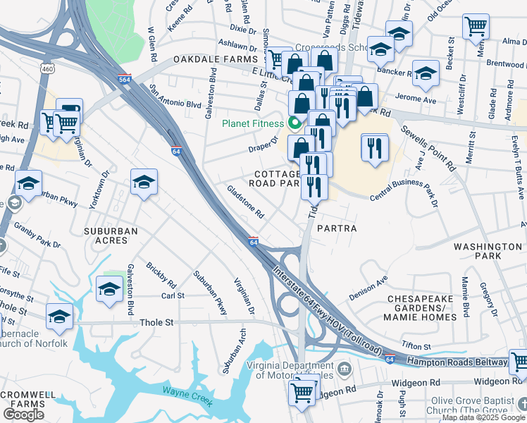 map of restaurants, bars, coffee shops, grocery stores, and more near 516 Gladstone Road in Norfolk