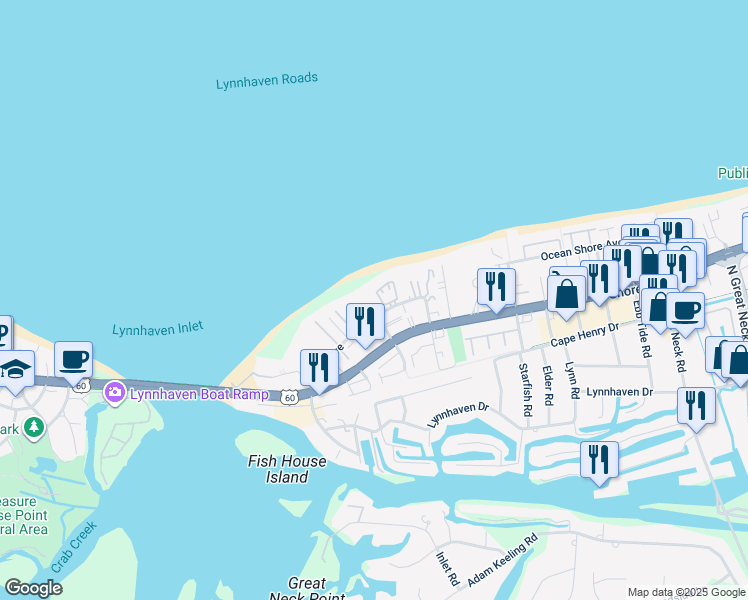 map of restaurants, bars, coffee shops, grocery stores, and more near 3167 Silver Sands Circle in Virginia Beach