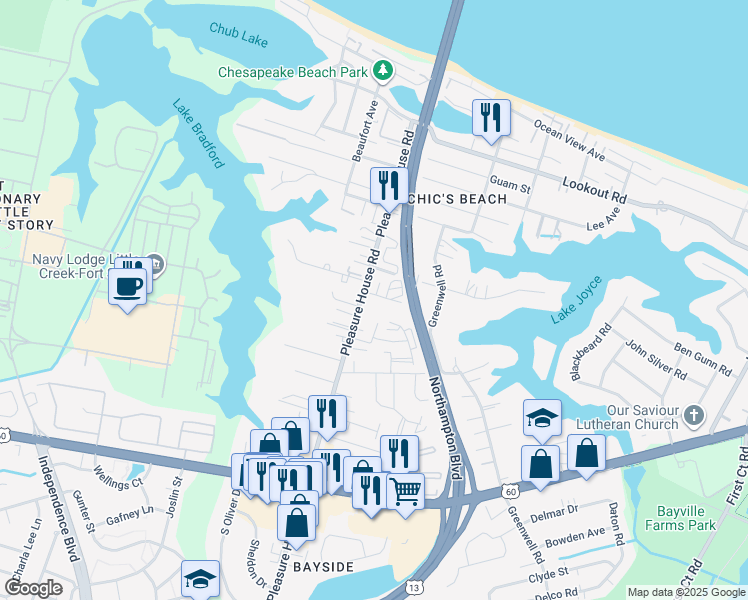 map of restaurants, bars, coffee shops, grocery stores, and more near 4705 Windsong Drive in Virginia Beach