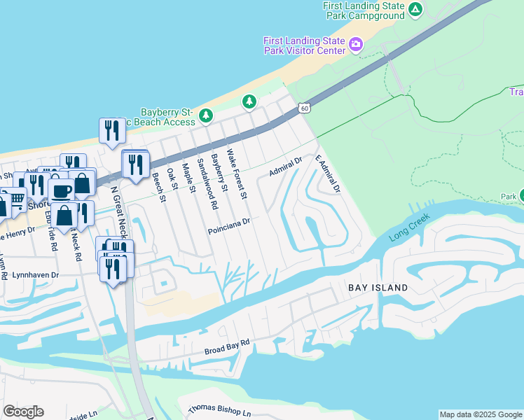 map of restaurants, bars, coffee shops, grocery stores, and more near 2137 West Admiral Drive in Virginia Beach