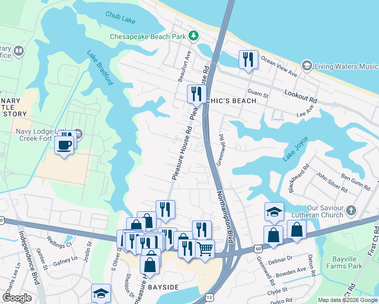 map of restaurants, bars, coffee shops, grocery stores, and more near 4709 Windsong Drive in Virginia Beach