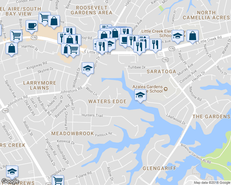 map of restaurants, bars, coffee shops, grocery stores, and more near 7106 Grayfalcon Drive in Norfolk