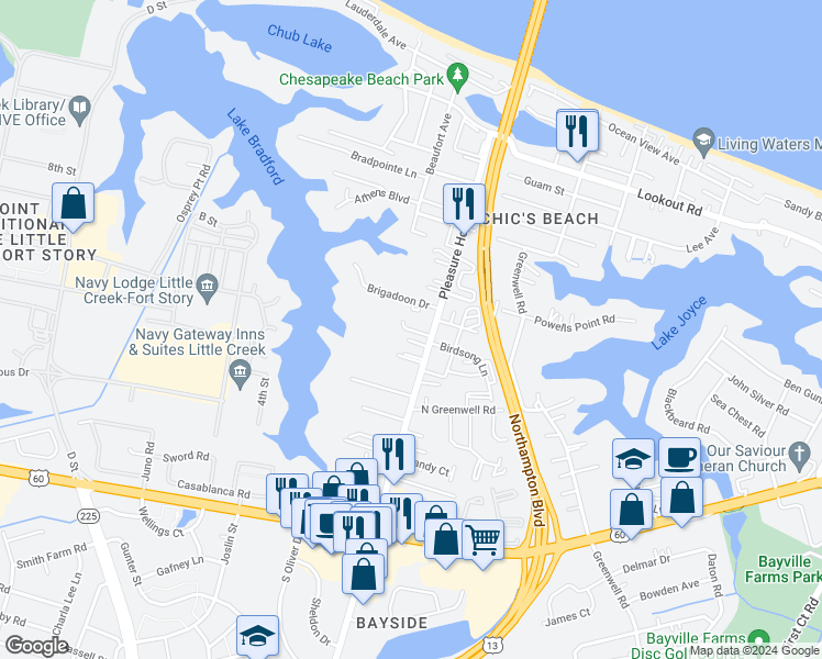 map of restaurants, bars, coffee shops, grocery stores, and more near 4837 Station House Lane in Virginia Beach