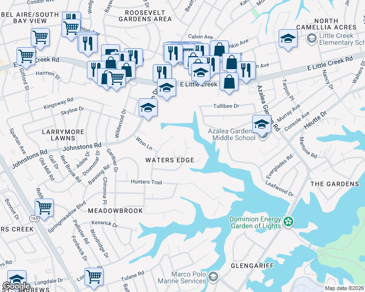 map of restaurants, bars, coffee shops, grocery stores, and more near 7106 Grayfalcon Drive in Norfolk