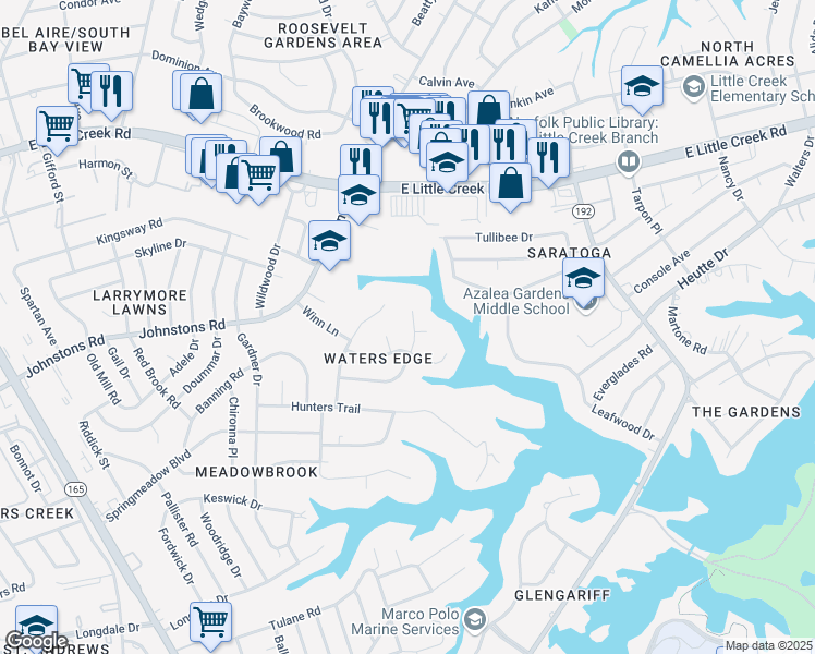 map of restaurants, bars, coffee shops, grocery stores, and more near 7113 Gray Falcon Drive in Norfolk