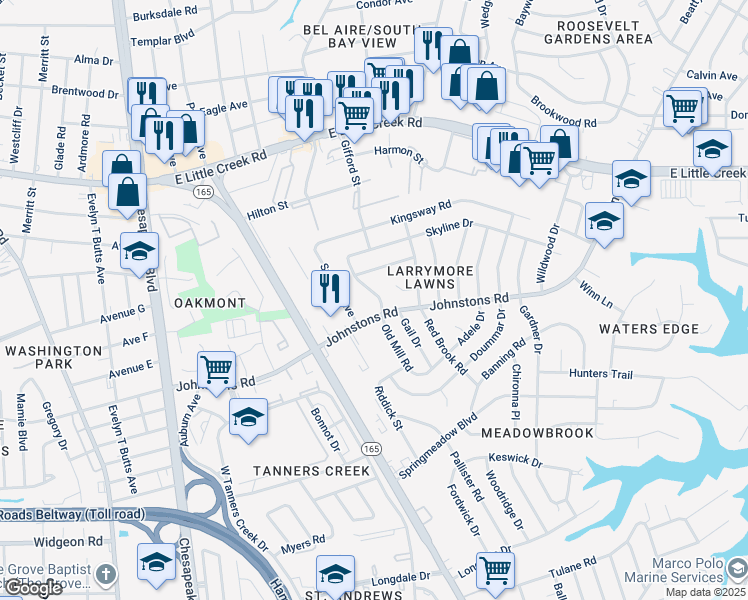 map of restaurants, bars, coffee shops, grocery stores, and more near 7409 Old Mill Road in Norfolk