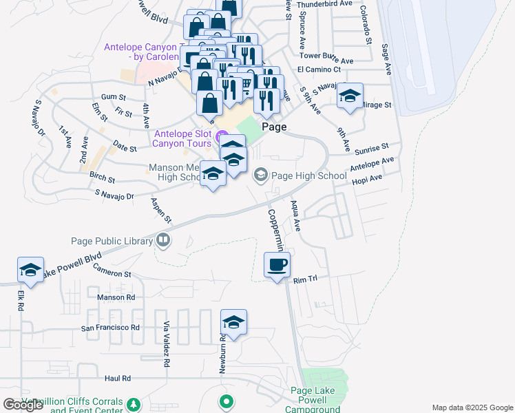 map of restaurants, bars, coffee shops, grocery stores, and more near 459 South Lake Powell Boulevard in Page