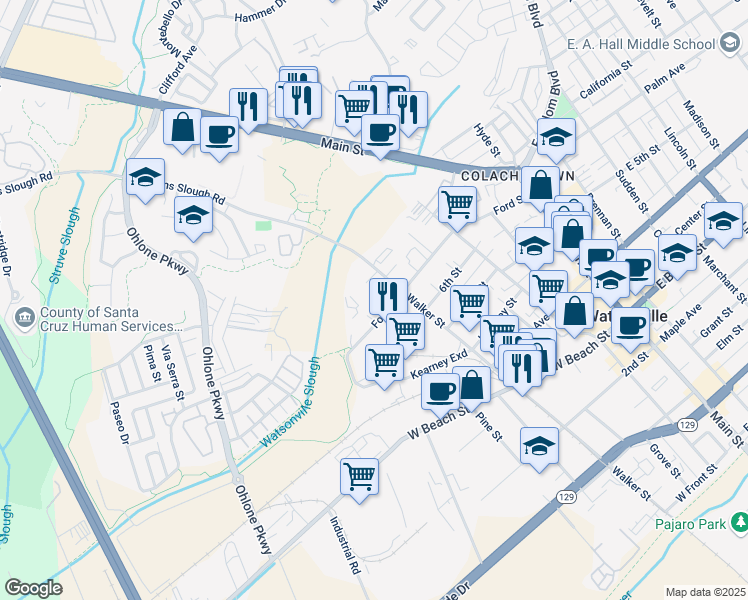 map of restaurants, bars, coffee shops, grocery stores, and more near 825 Walker St in Watsonville