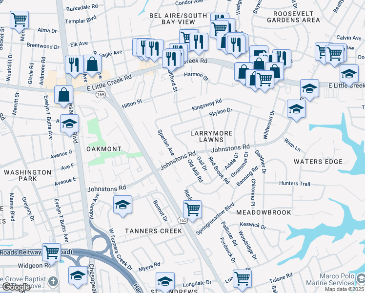 map of restaurants, bars, coffee shops, grocery stores, and more near 7409 Old Mill Road in Norfolk