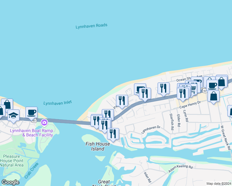 map of restaurants, bars, coffee shops, grocery stores, and more near 2332 Osprey Villa Court in Virginia Beach