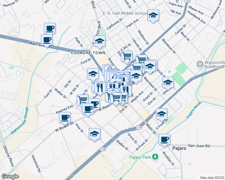 map of restaurants, bars, coffee shops, grocery stores, and more near 433 Main Street in Watsonville