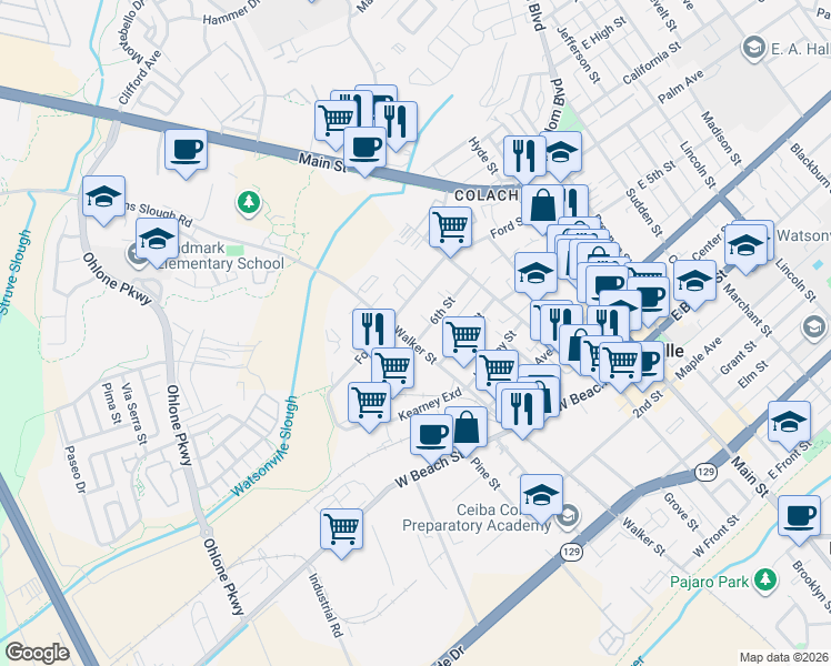 map of restaurants, bars, coffee shops, grocery stores, and more near 704 Walker Street in Watsonville