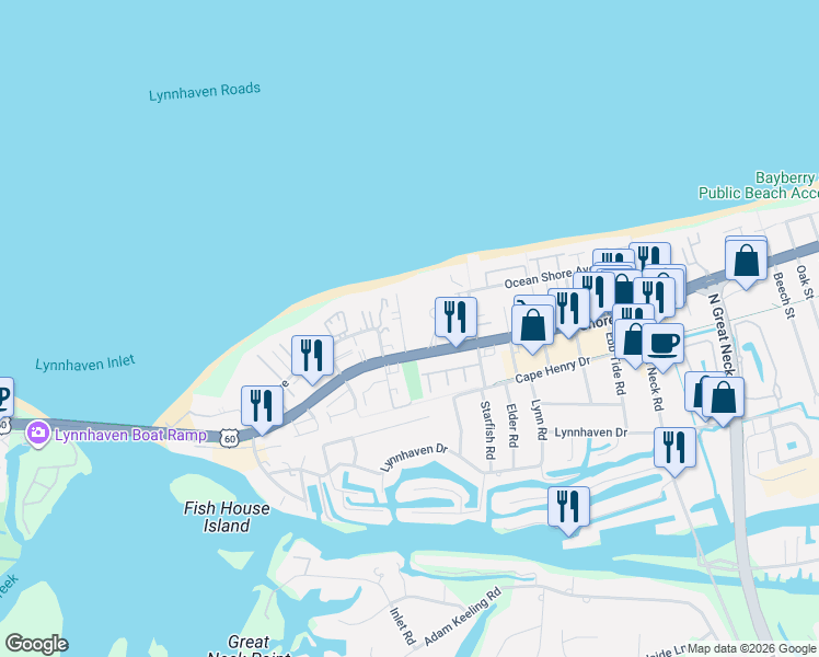 map of restaurants, bars, coffee shops, grocery stores, and more near 2320 Beach Haven Drive in Virginia Beach