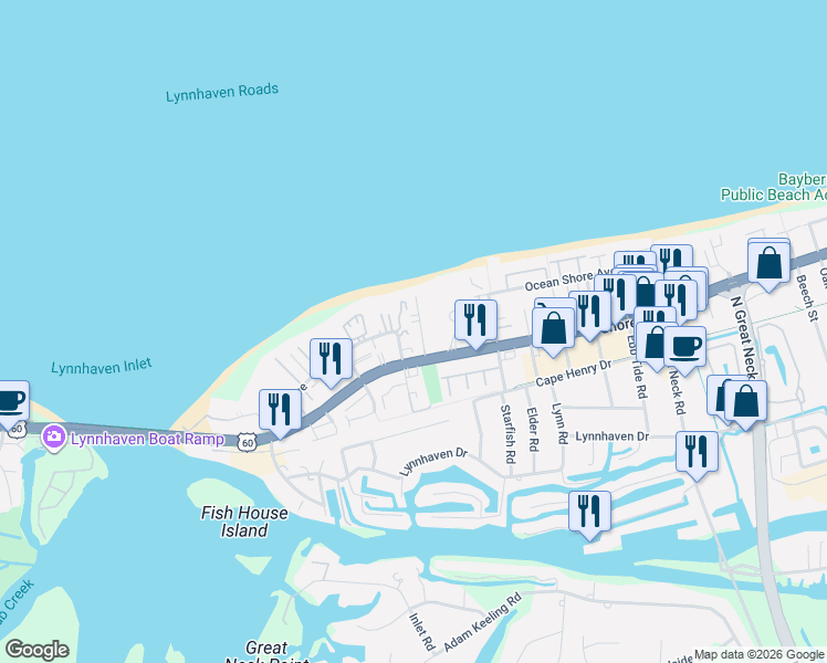 map of restaurants, bars, coffee shops, grocery stores, and more near in Virginia Beach