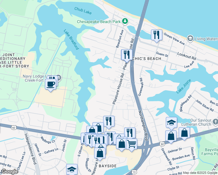 map of restaurants, bars, coffee shops, grocery stores, and more near 4827 Station House Lane in Virginia Beach