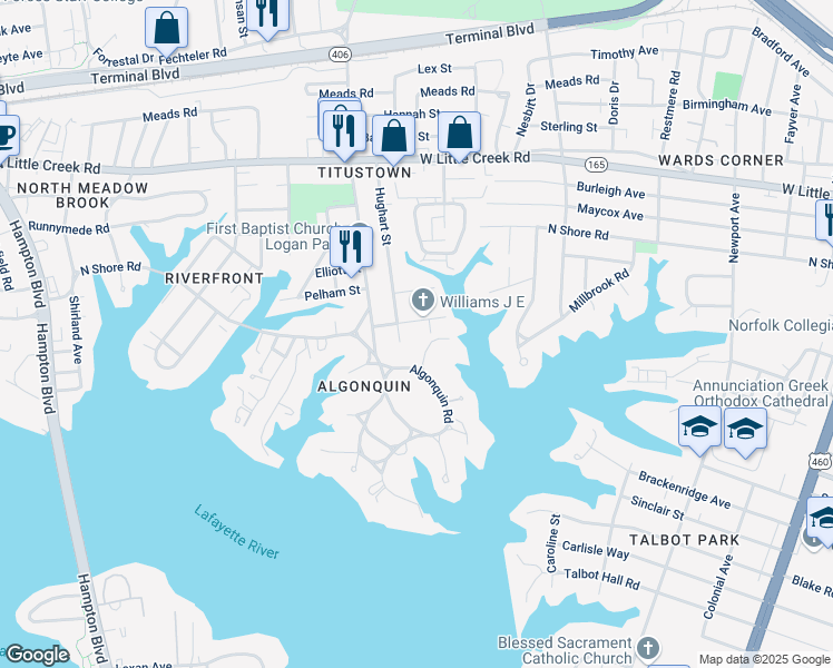 map of restaurants, bars, coffee shops, grocery stores, and more near 7404 Hughart Street in Norfolk