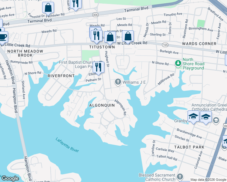 map of restaurants, bars, coffee shops, grocery stores, and more near 7404 Hughart Street in Norfolk