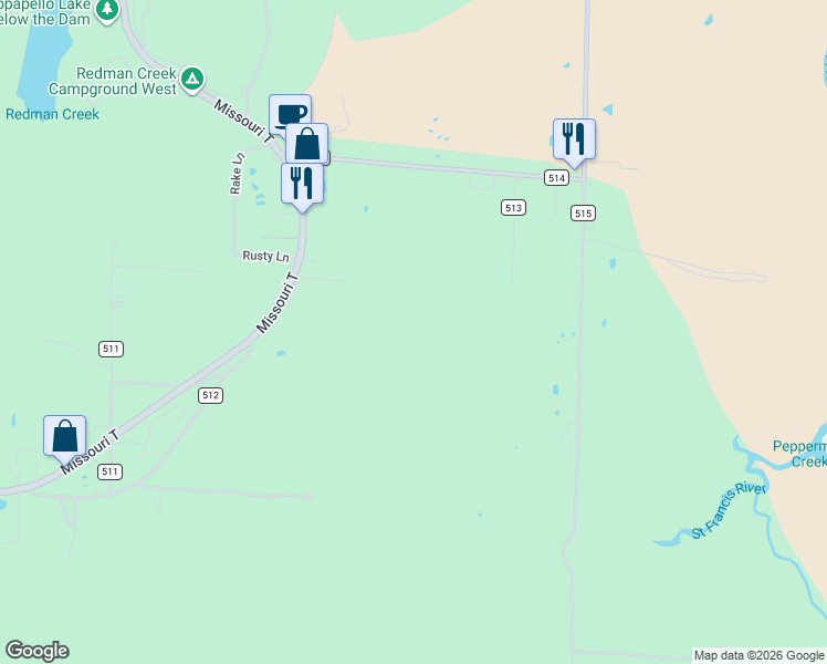map of restaurants, bars, coffee shops, grocery stores, and more near 9784 Highway T in Wappapello