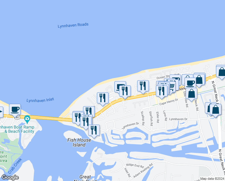 map of restaurants, bars, coffee shops, grocery stores, and more near 3188 Silver Sands Circle in Virginia Beach
