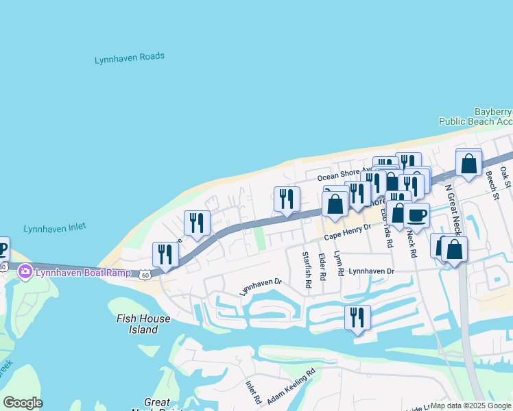 map of restaurants, bars, coffee shops, grocery stores, and more near 2304 Beach Haven Drive in Virginia Beach