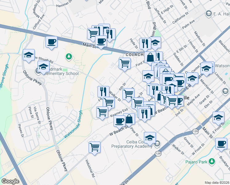 map of restaurants, bars, coffee shops, grocery stores, and more near 704 Walker Street in Watsonville