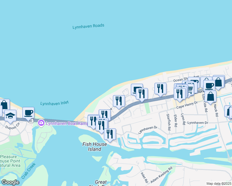 map of restaurants, bars, coffee shops, grocery stores, and more near 2384 Bays Edge Avenue in Virginia Beach