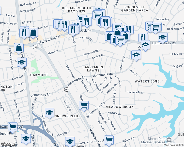 map of restaurants, bars, coffee shops, grocery stores, and more near 7036 Gail Drive in Norfolk