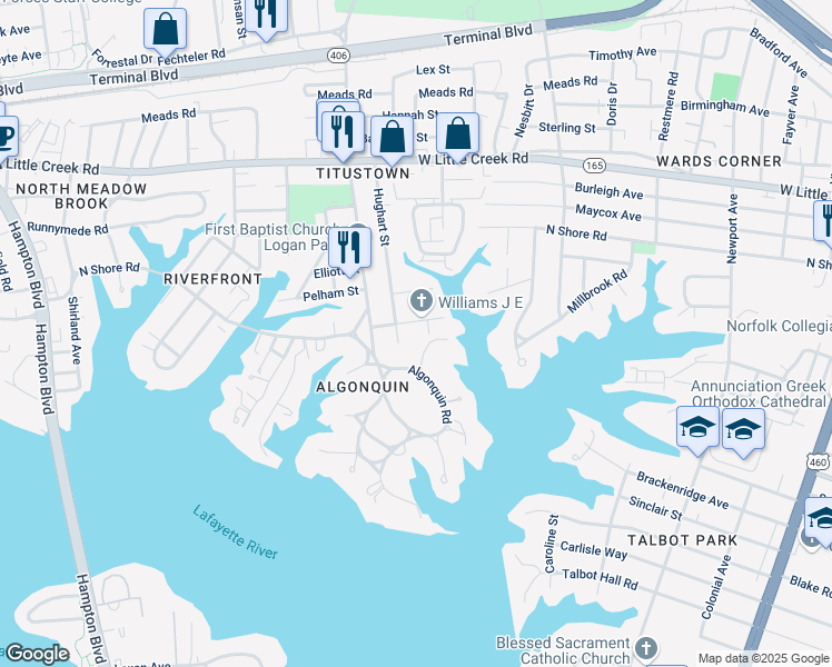 map of restaurants, bars, coffee shops, grocery stores, and more near 7404 Hughart Street in Norfolk