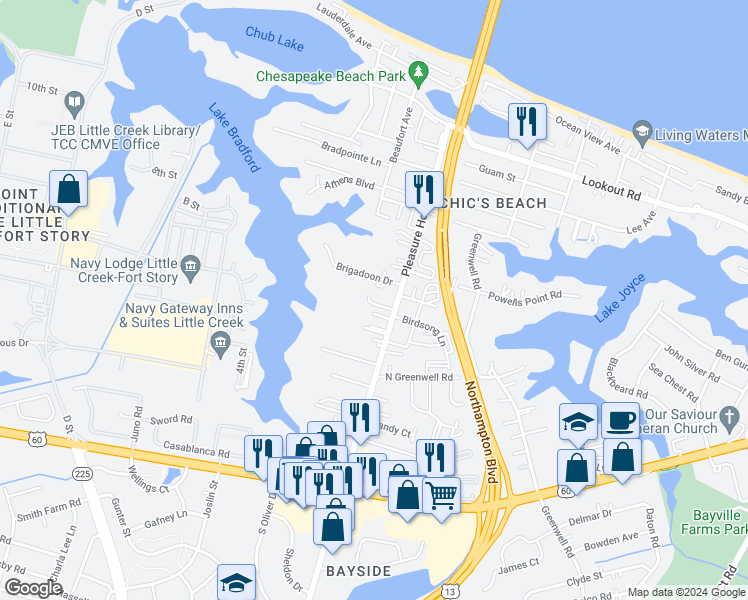 map of restaurants, bars, coffee shops, grocery stores, and more near 4828 Station House Lane in Virginia Beach