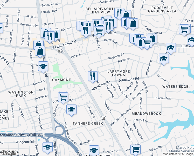 map of restaurants, bars, coffee shops, grocery stores, and more near 7414 Spartan Avenue in Norfolk