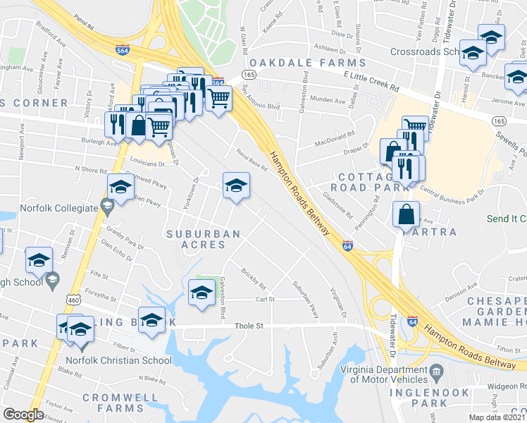 map of restaurants, bars, coffee shops, grocery stores, and more near 400 Virginian Drive in Norfolk
