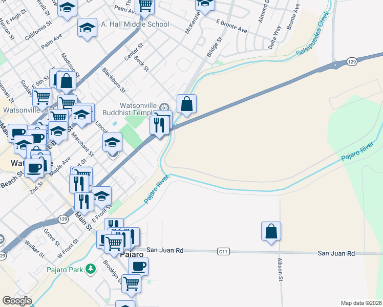 map of restaurants, bars, coffee shops, grocery stores, and more near 30 Riverside Road in Watsonville