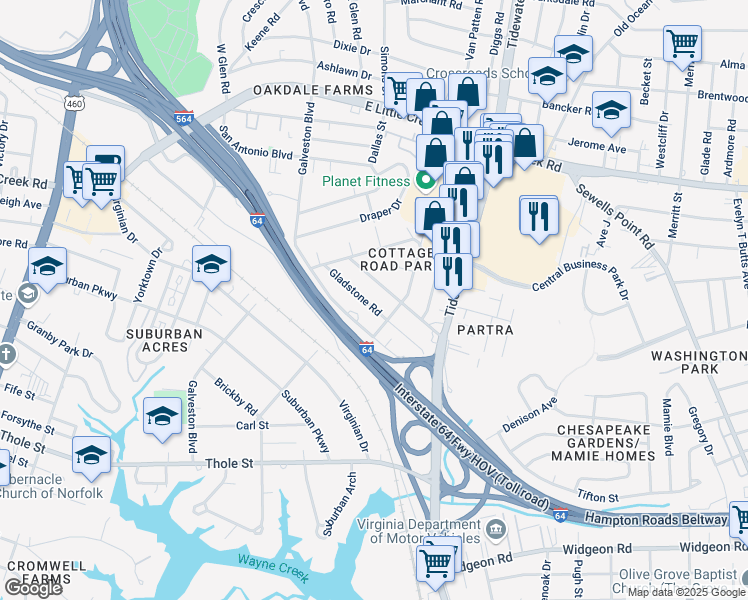 map of restaurants, bars, coffee shops, grocery stores, and more near 526 Gladstone Road in Norfolk