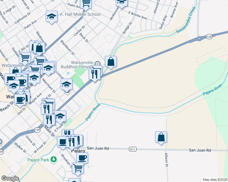 map of restaurants, bars, coffee shops, grocery stores, and more near 30 Riverside Road in Watsonville