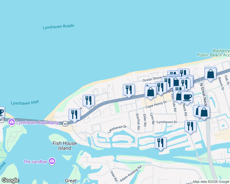 map of restaurants, bars, coffee shops, grocery stores, and more near 2320 Beach Haven Drive in Virginia Beach