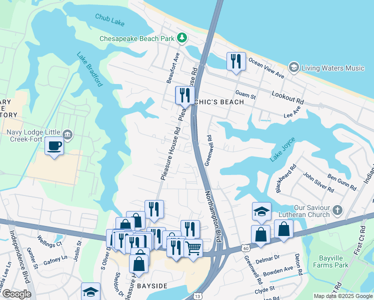map of restaurants, bars, coffee shops, grocery stores, and more near 4709 Windsong Drive in Virginia Beach