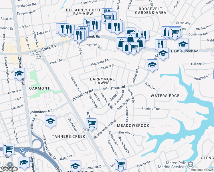 map of restaurants, bars, coffee shops, grocery stores, and more near 1705 Johnstons Road in Norfolk