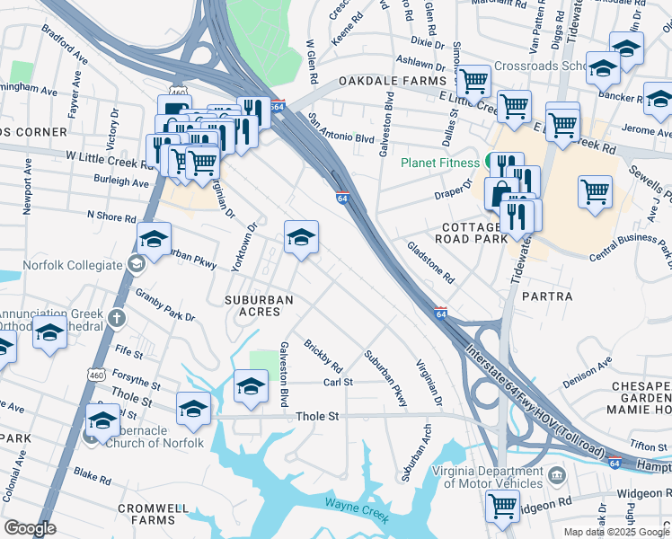 map of restaurants, bars, coffee shops, grocery stores, and more near 400 Virginian Drive in Norfolk